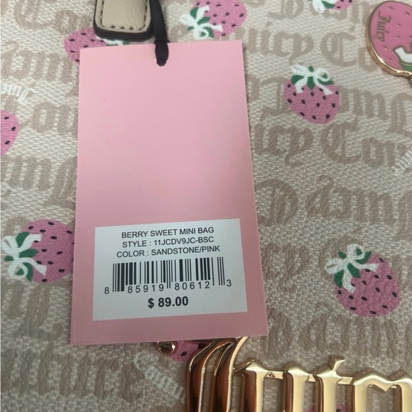 Juicy Couture Strawberry Print Satchel Gold Hardware Pink Beige Top Handles Bag - Picture 3 of 5